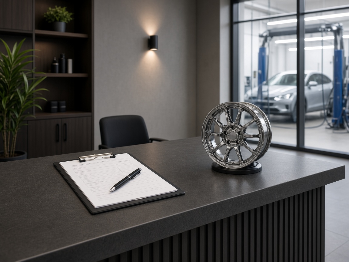 Car wash reception desk with checklist and detailing sample