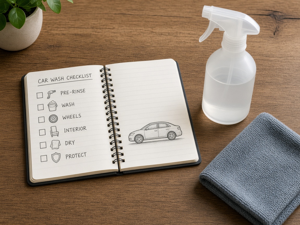 Notebook with wash checklist sketches beside a microfiber cloth