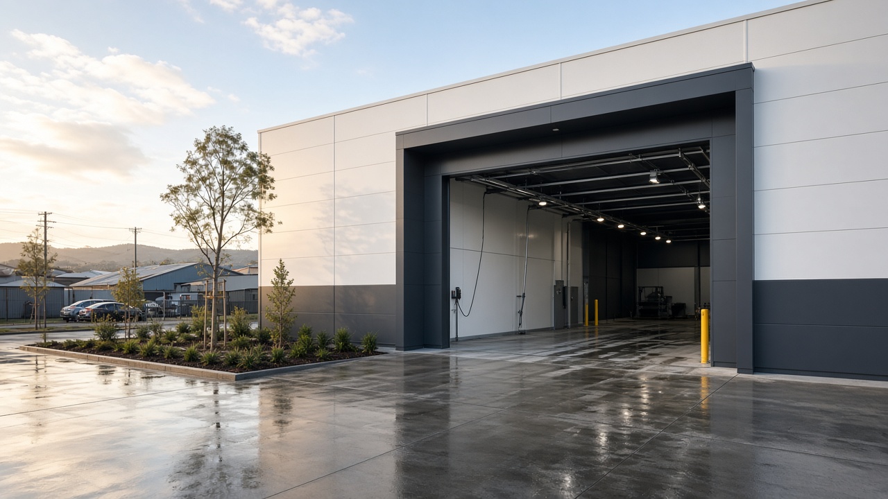 Car wash entrance and bay with soft morning light on wet driveway