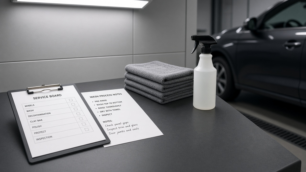 Wash process notes beside microfiber towels on a detailing bench