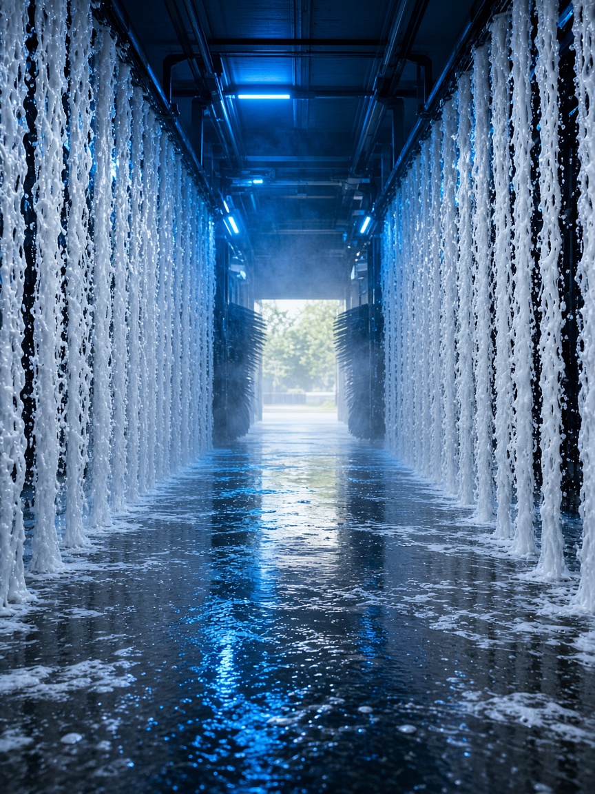 Car wash tunnel with foam curtains opening toward daylight