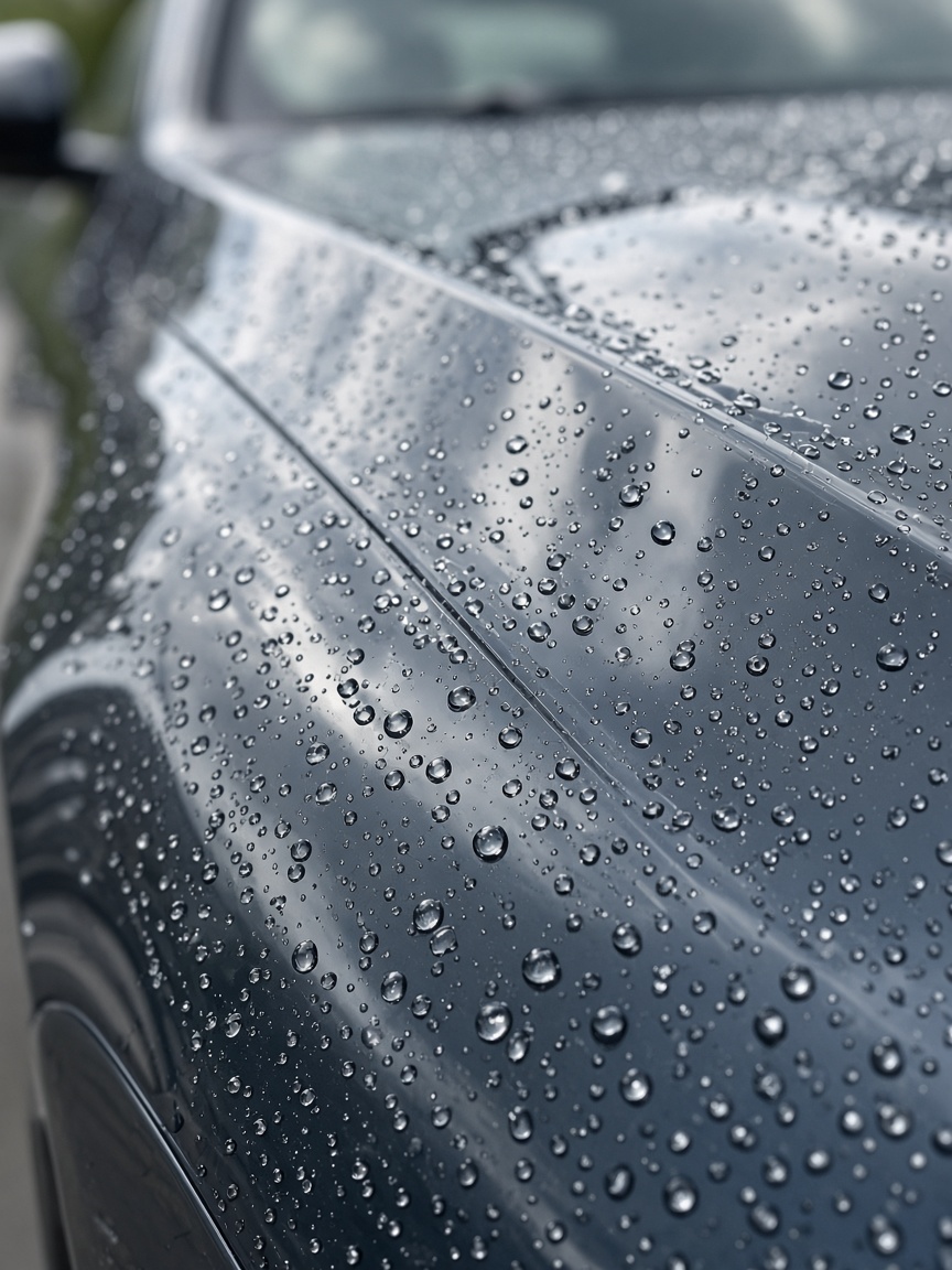 Water beads resting on freshly washed glossy car paint