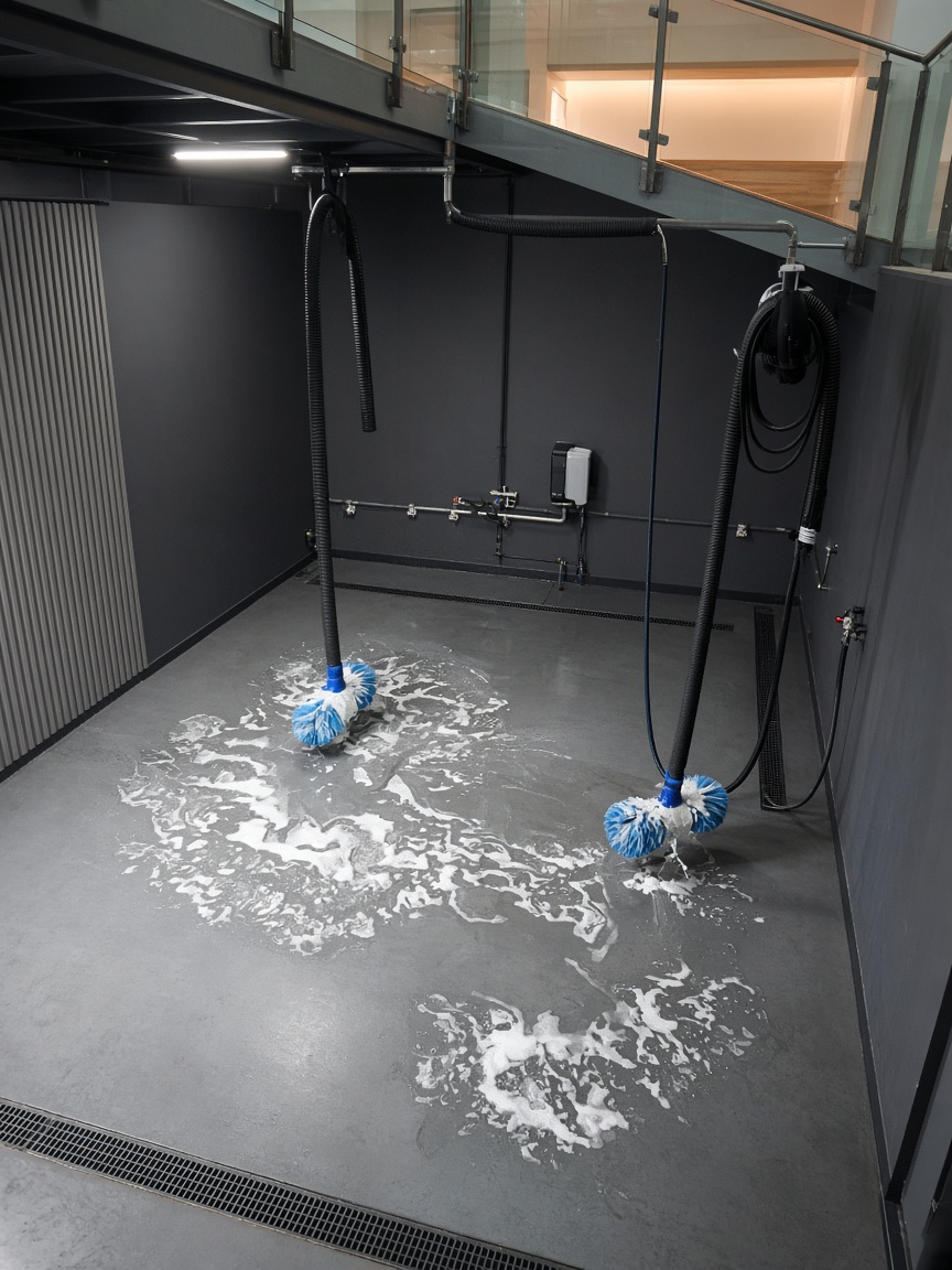 Bright car wash bay seen from above with soft foam lighting