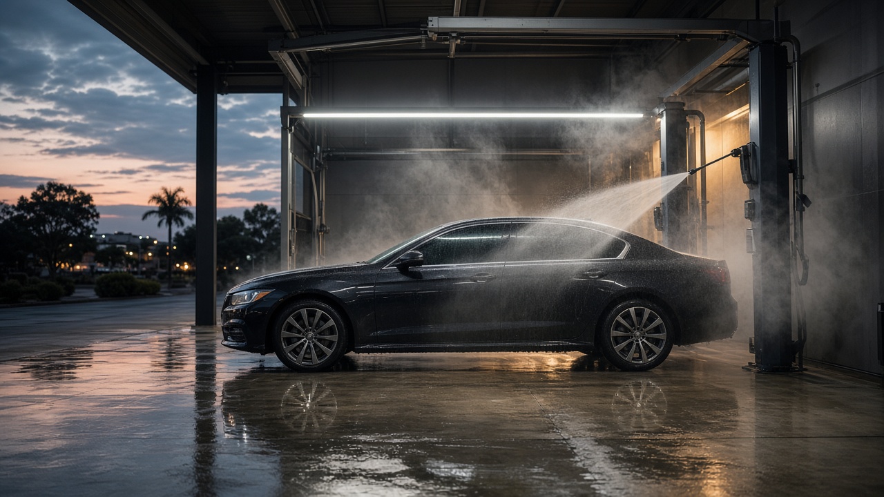 Modern car wash bay with a clean sedan under soft rinse lights