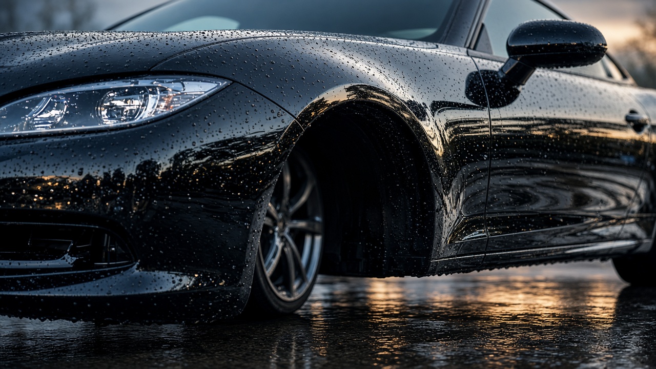 Glossy black car on wet asphalt after a rinse