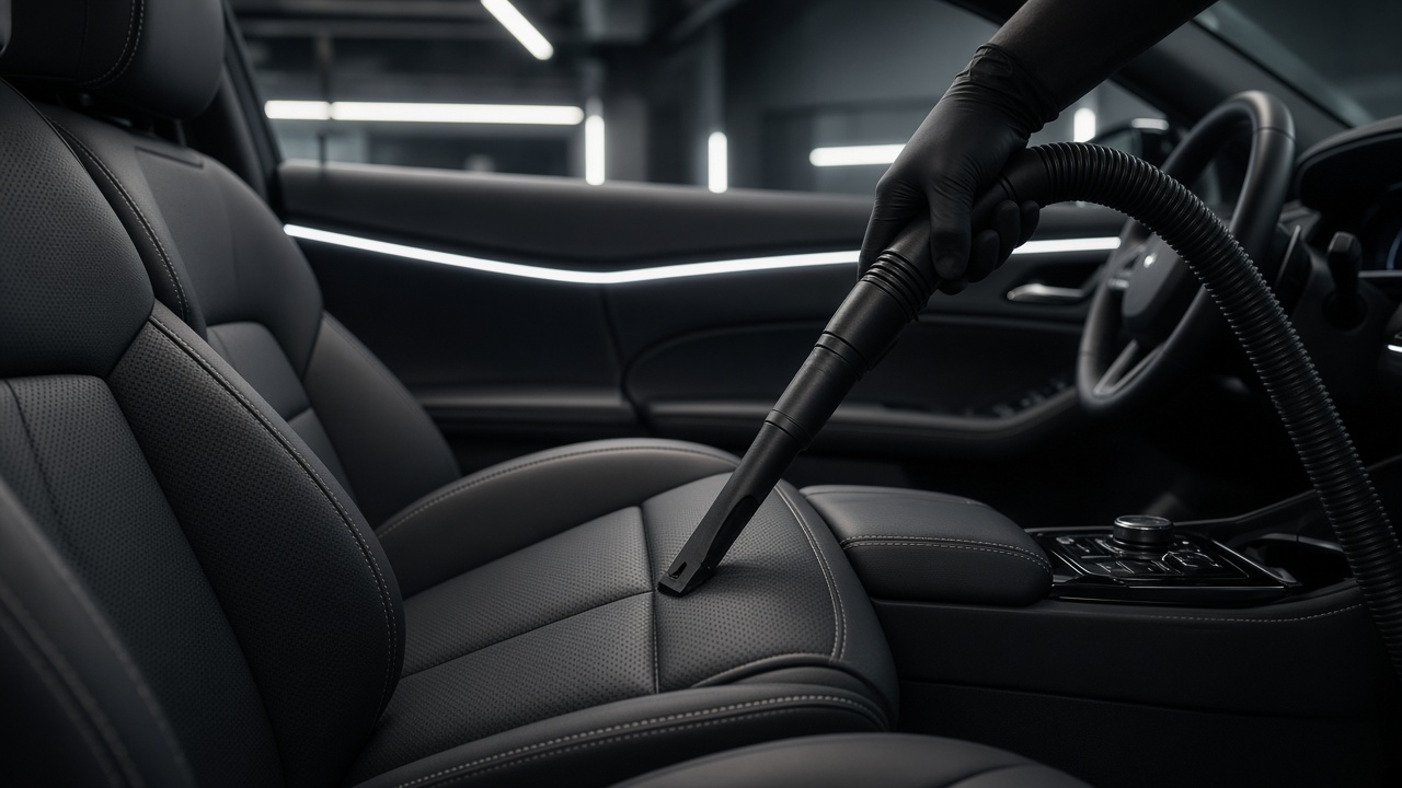 Cabin seats being cleaned in a detailing bay