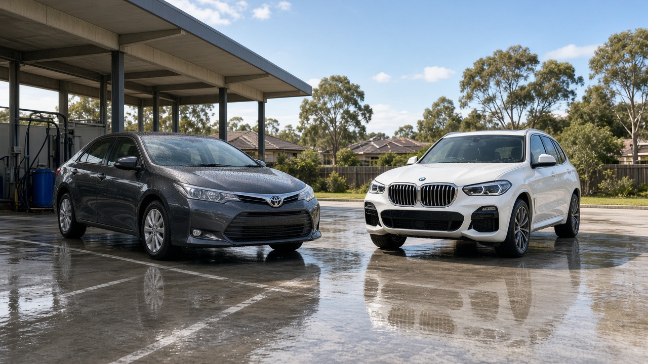 Two washed cars waiting on a reflective wash apron