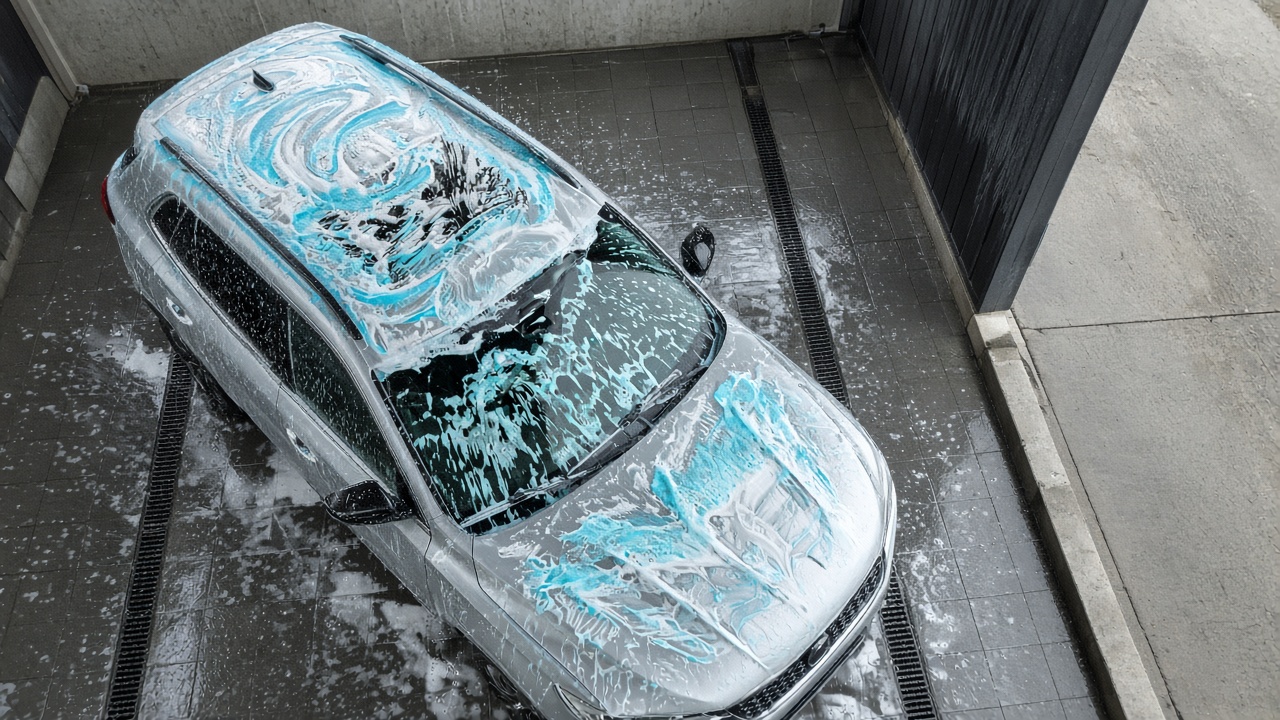Overhead view of foam covering a silver SUV during a wash