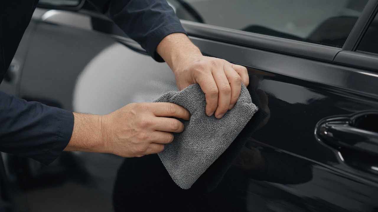 Hands drying a car door panel with a microfiber towel