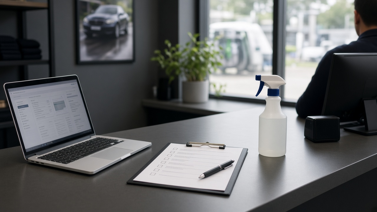 Wash checklist and detailing products prepared for a care-note update