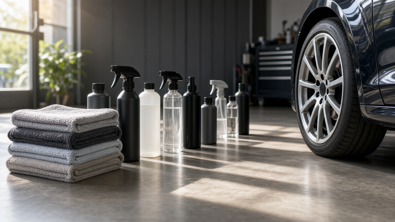 Detailing towels and bottles lined along a sunlit workshop floor